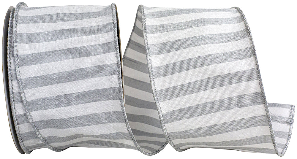 Grey 2-1 2 Inch Cabana Stripe Dupioni Wired Edge Ribbon for Wreaths & Bows