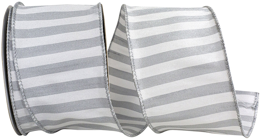 Grey 2-1 2 Inch Cabana Stripe Dupioni Wired Edge Ribbon for Wreaths & Bows