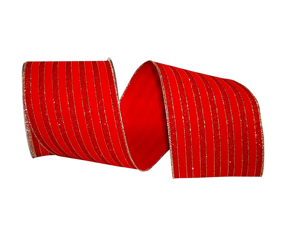 Red Velvet Wired Edge Ribbon 4 Inch Glitter Stripe