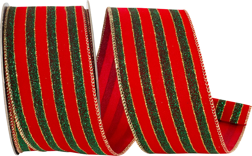 Glitter Stripe Velvet Ribbon Red Green 2-1/2 Inch 10 Yards