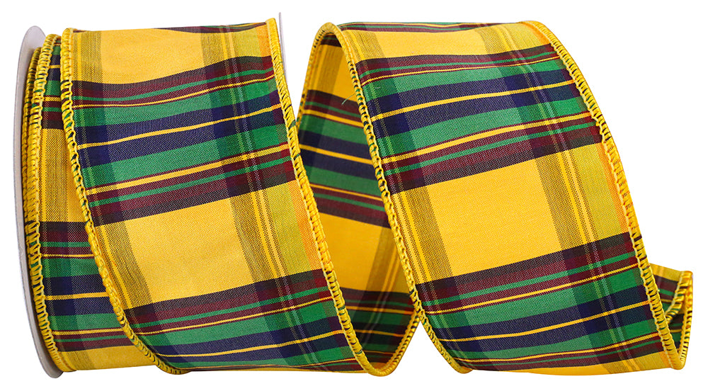 Yellow Plaid Dupioni Wired Edge Ribbon 2-1/2 Inch