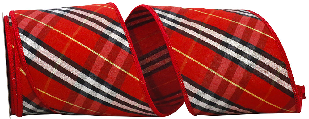 4 Inch Red Black Bias Plaid Wired Edge Ribbon