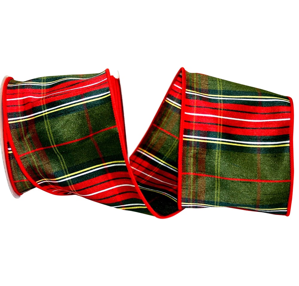 Plaid Dupioni Wired Edge Ribbon Green Red 4 Inch 10 Yards