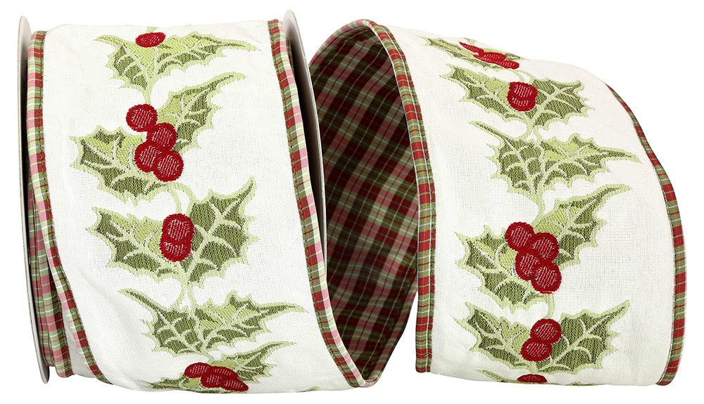 Multi Wired Edge Ribbon 4 Inch Embroidery Holly Plaid