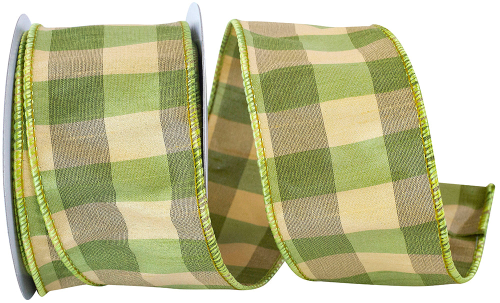 Green 2-1 2 Inch Check Silk Wired Edge Ribbon for Wreaths & Bows