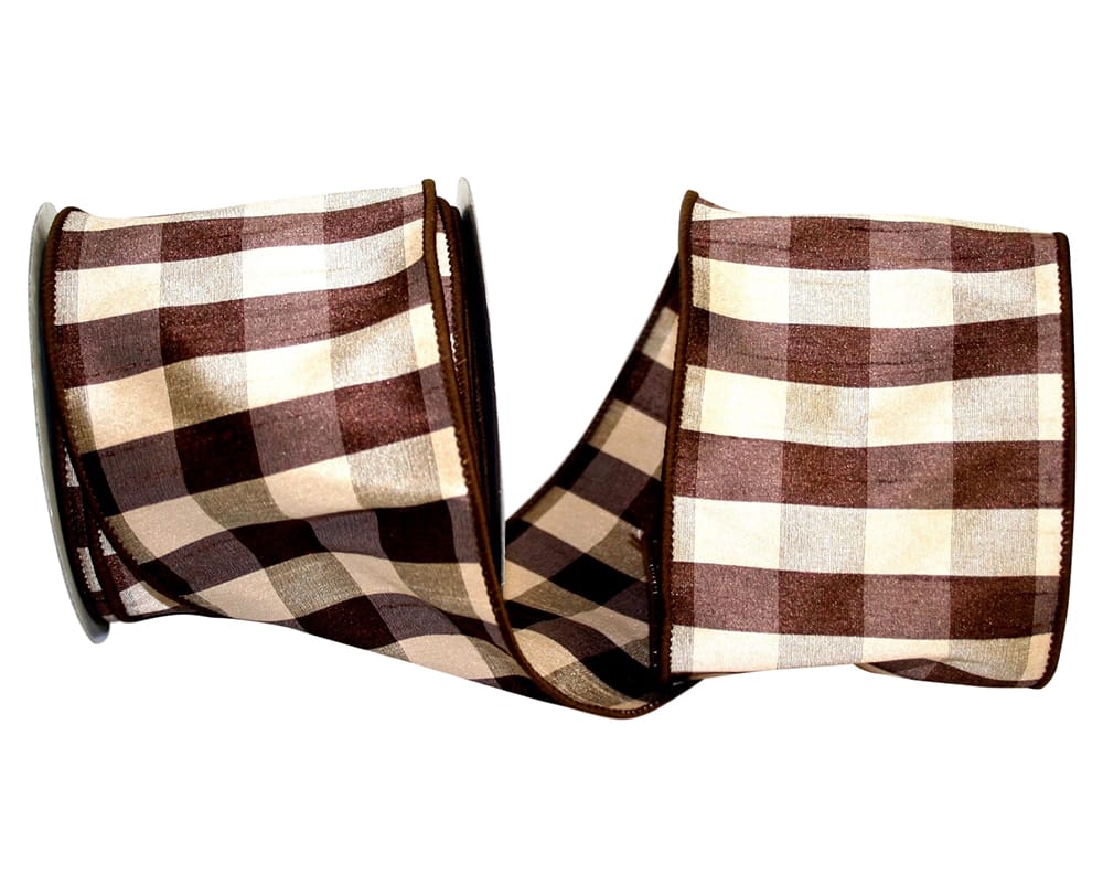 Brown 4 Inch Check Silk Wired Edge Ribbon for Wreaths & Bows