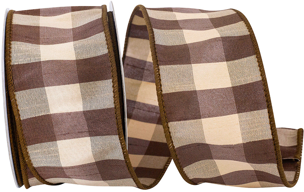Brown 2-1 2 Inch Check Silk Wired Edge Ribbon for Wreaths & Bows
