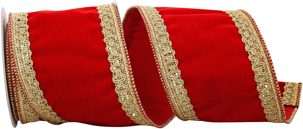 Red 4 Inch Velvet Royalty Trim Wired Edge Ribbon for Wreaths & Bows