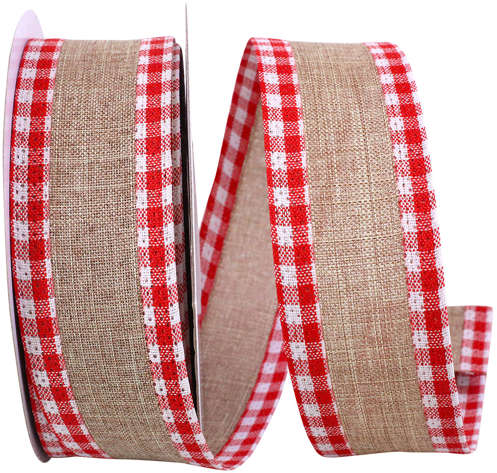 Linen Gingham Check Wired Edge Ribbon Natural Red 1-1/2 Inch