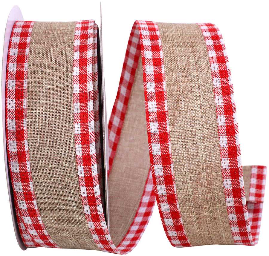 Linen Gingham Check Wired Edge Ribbon Natural Red 1-1/2 Inch