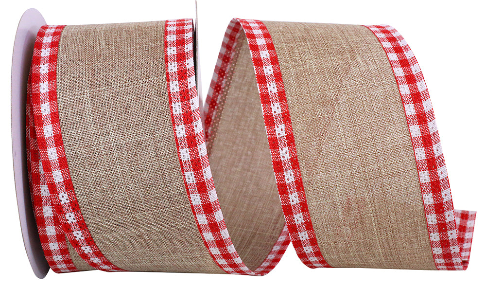 Linen Gingham Check Wired Edge Ribbon Natural Red 2-1/2 Inch