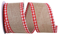 Linen Gingham Check Wired Edge Ribbon Natural Red 2-1/2 Inch