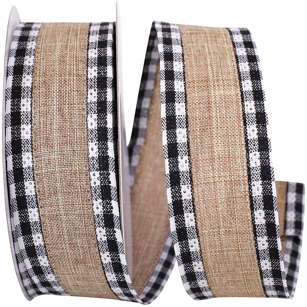 Linen Gingham Check Wired Edge Ribbon Natural Black 1-1/2 Inch