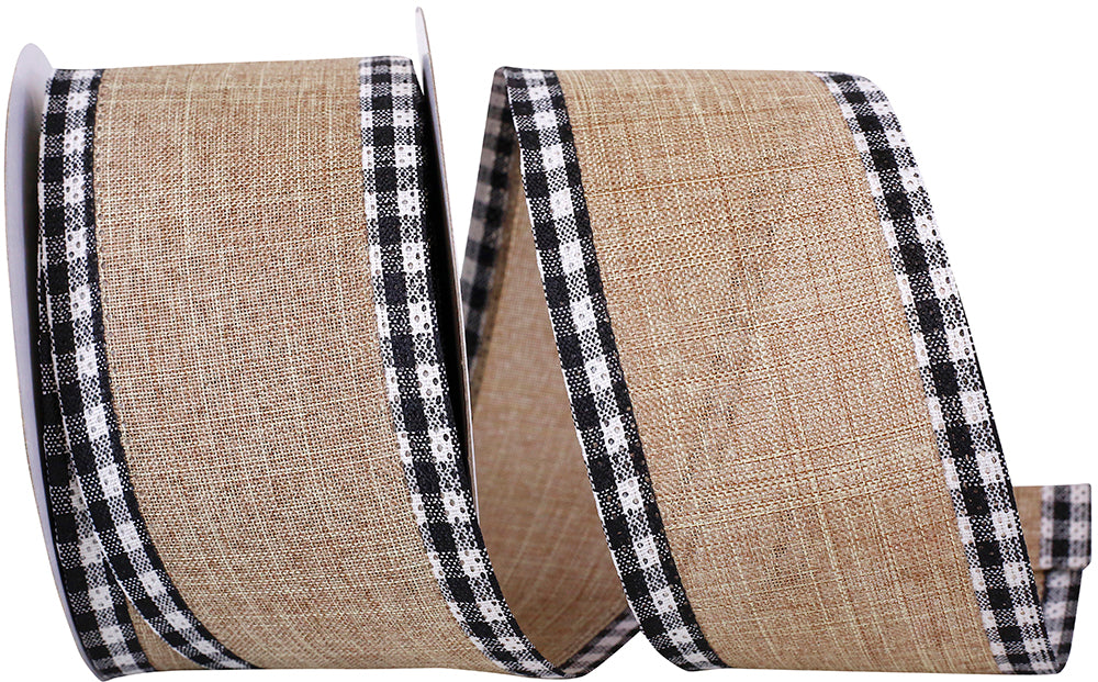 Linen Gingham Check Wired Edge Ribbon Natural Black 2-1/2 Inch