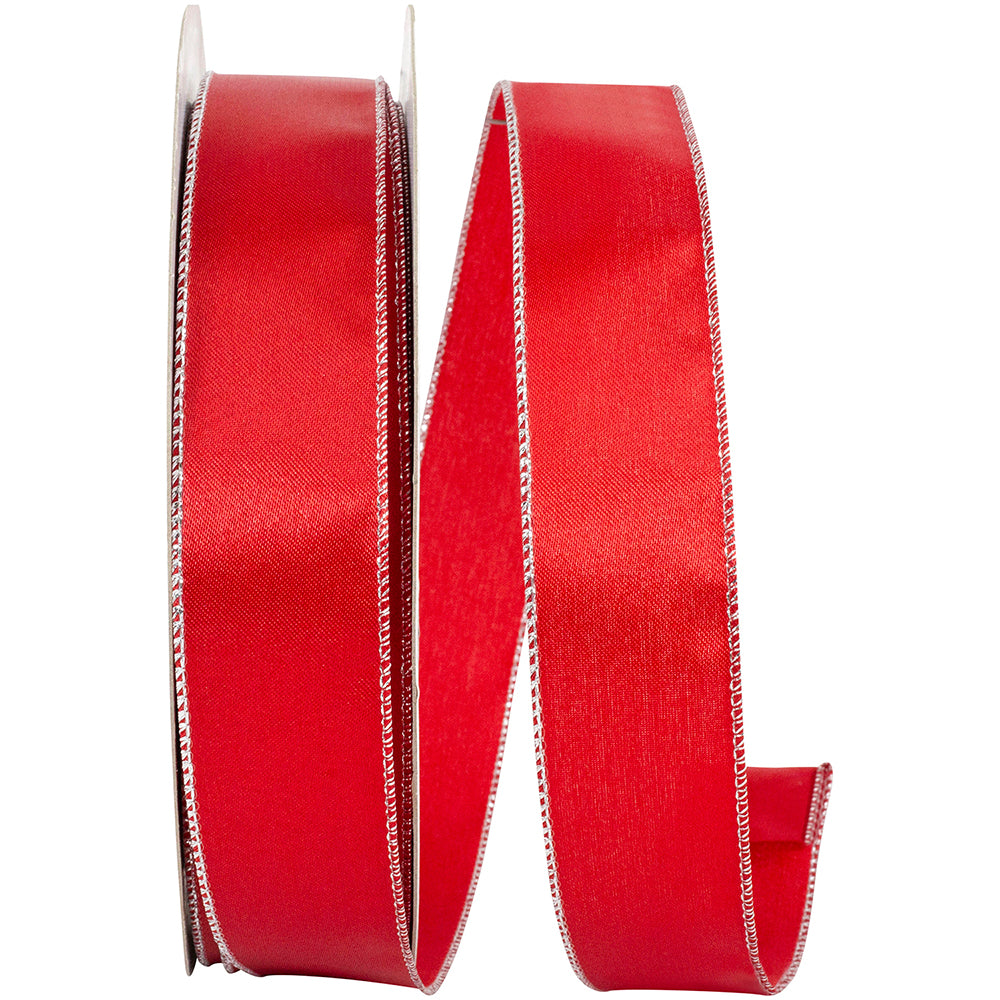 Satin Metallic Wired Edge Ribbon Red Silver 1-1/2 Inch