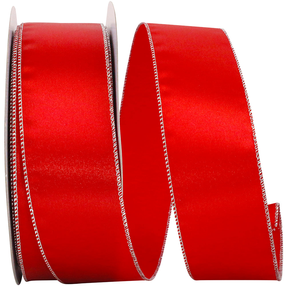 Red Silver Satin Metallic Wired Edge Ribbon 2-1/2 Inch