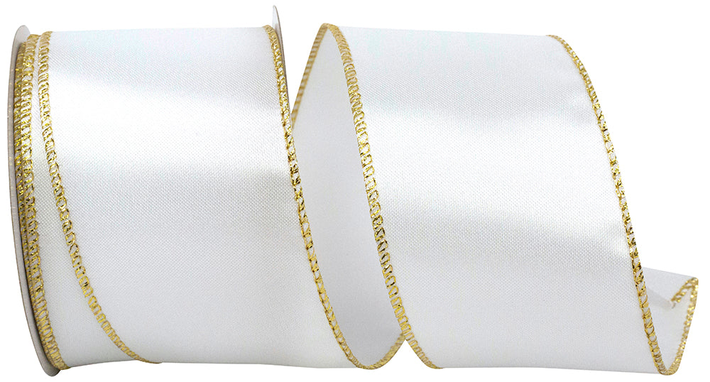 Satin Metallic Wired Edge Ribbon White Gold 2-1/2 Inch