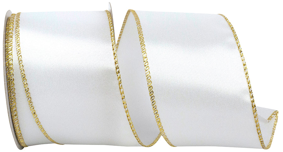 Satin Metallic Wired Edge Ribbon White Gold 2-1/2 Inch
