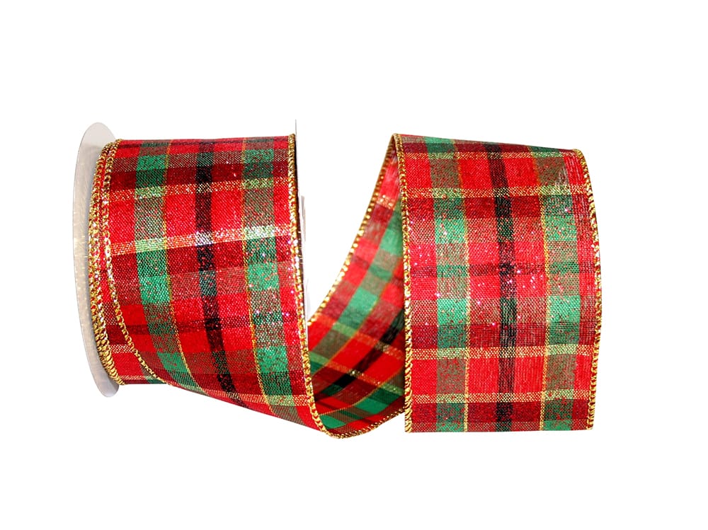 Metallic Sparkle Plaid Ribbon Red Gold 2-1/2 Inch
