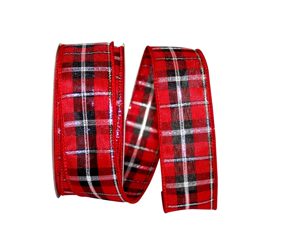 Red Black 1-1/2 Inch Metallic Check Wired Edge Ribbon