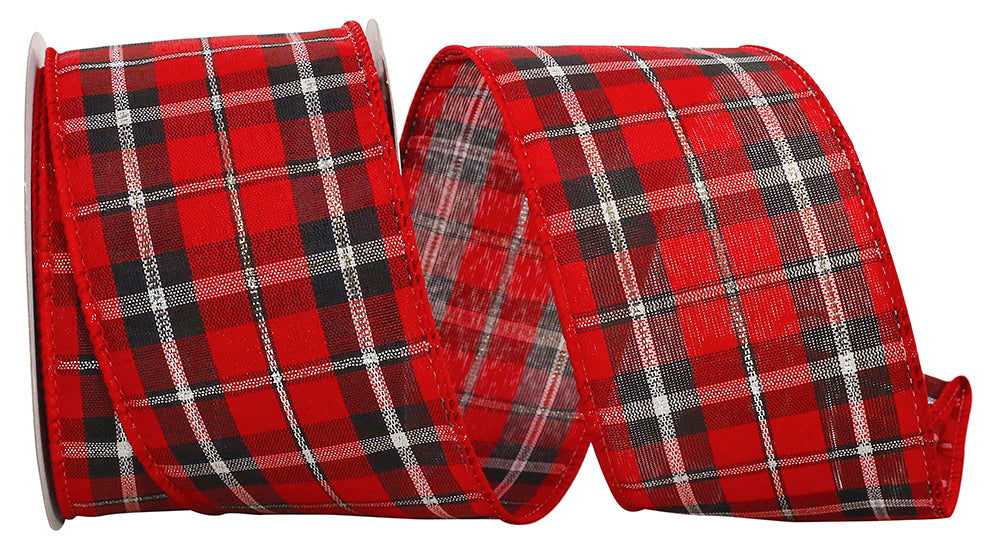 Red Black 2-1/2 Inch Metallic Check Wired Edge Ribbon