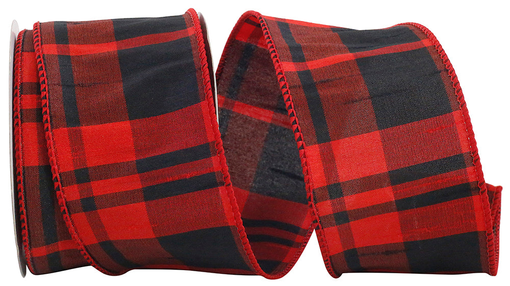 Buffalo Dupioni Plaid Wired Edge Ribbon Red Black 2-1/2 Inch