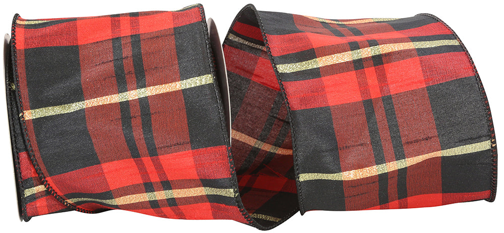 Buffalo Dupioni Metallic Plaid Ribbon Red Black 4 Inch