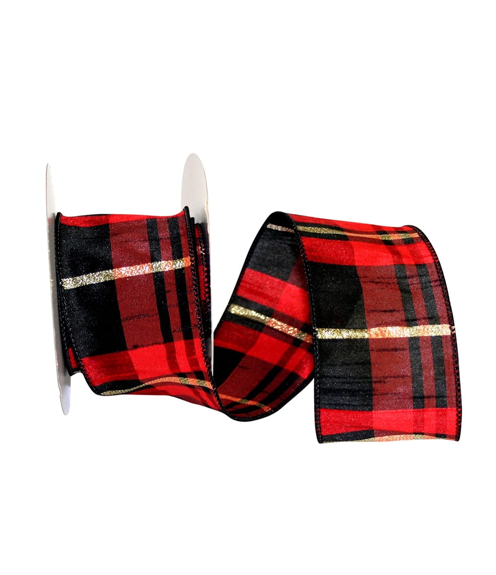 Buffalo Dupioni Metallic Plaid Ribbon Red Black 2-1/2 Inch