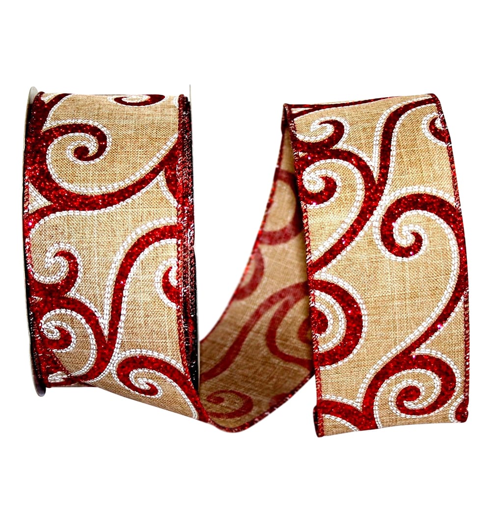 Linen Glitter Scroll Stitch Wired Edge Ribbon Natural Red 2.5 Inch