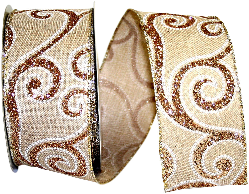 Linen Glitter Scroll Stitch Ribbon Natural Gold 2-1/2 Inch
