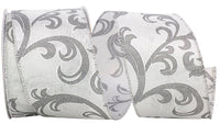Silver Scroll Glimmer Wired Edge Ribbon 2-1/2 Inch 10Yds
