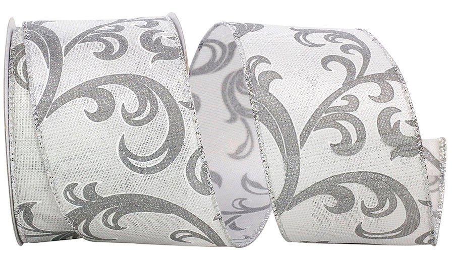 Silver Scroll Glimmer Wired Edge Ribbon 2-1/2 Inch 10Yds