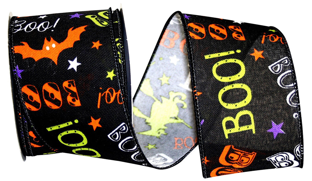 Black 2-1 2 Inch Boo Bats Halloween Wired Edge Ribbon for Wreaths & Bows
