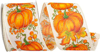 White 2-1 2 Inch Pumpkin Row Linen Wired Edge Ribbon for Wreaths & Bows