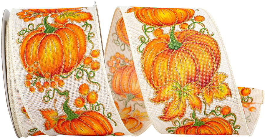 White 2-1 2 Inch Pumpkin Row Linen Wired Edge Ribbon for Wreaths & Bows