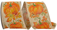 Natural 2-1 2 Inch Pumpkin Row Linen Wired Edge Ribbon for Wreaths & Bows
