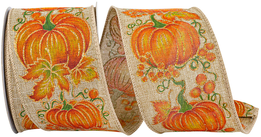 Natural 2-1 2 Inch Pumpkin Row Linen Wired Edge Ribbon for Wreaths & Bows