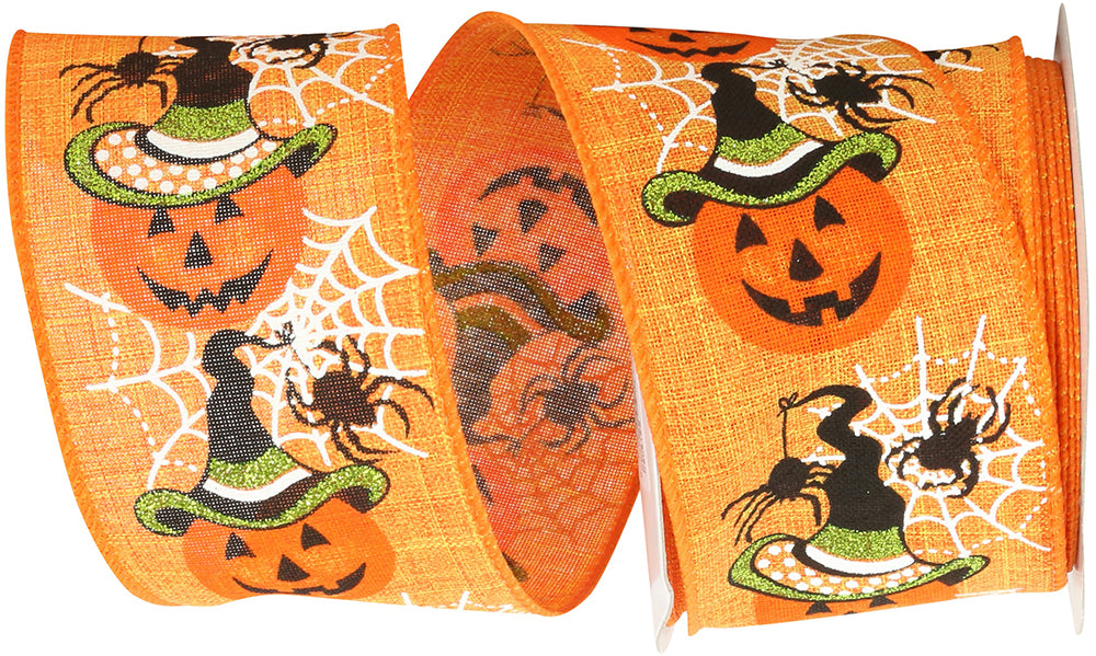 Orange 2-1 2 Inch Jack-O-Lantern Web Linen Wired Edge Ribbon for Wreaths & Bows