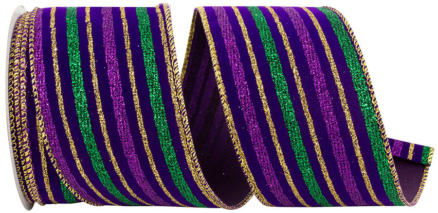 Multi 2-1 2 Inch Velvet Stripe Mardi Gras Wired Edge Ribbon for Wreaths & Bows