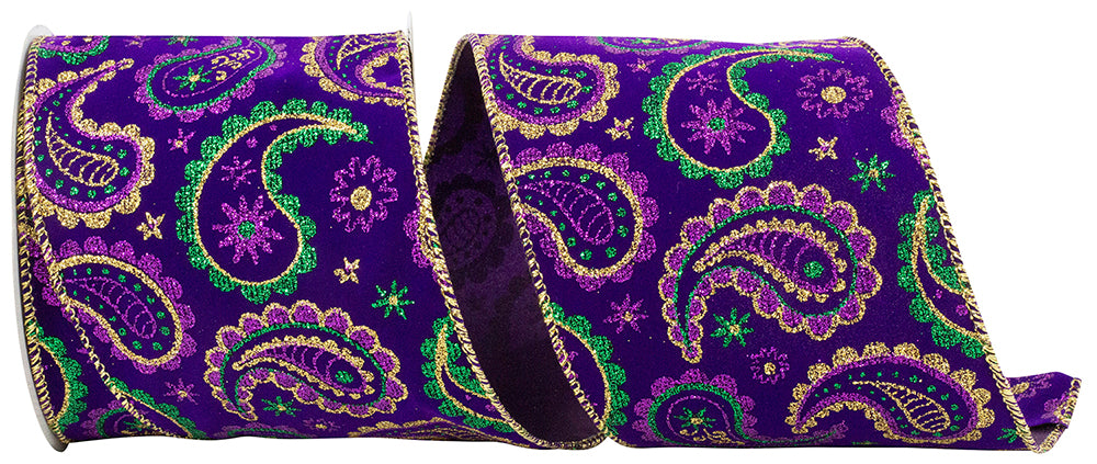 Multi 4 Inch Mardi Gras Paisley Velvet Wired Edge Ribbon for Wreaths & Bows