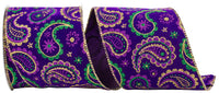 Multi 4 Inch Mardi Gras Paisley Velvet Wired Edge Ribbon for Wreaths & Bows