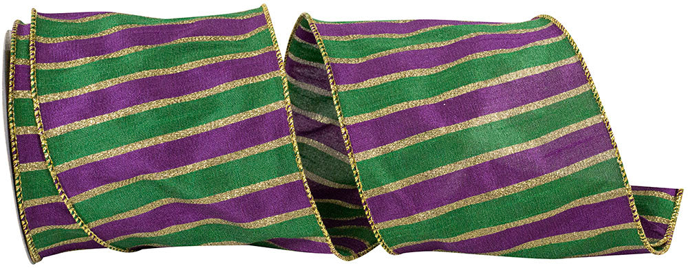 Mardi Gras Stripes Dupioni Wired Edge Ribbon Multi 4 Inch