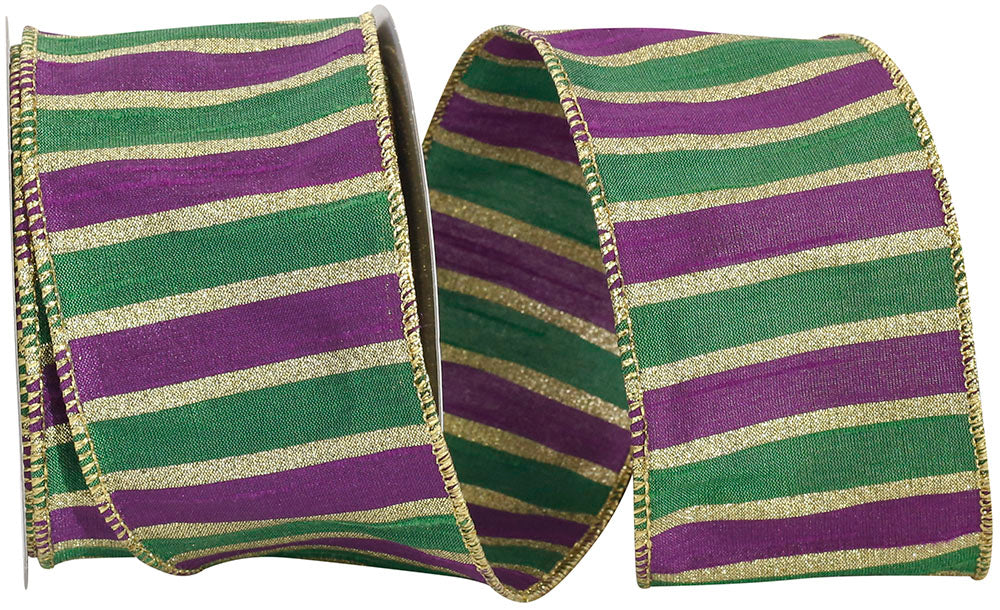 Mardi Gras Stripes Dupioni Wired Edge Ribbon 2-1/2 Inch Multi