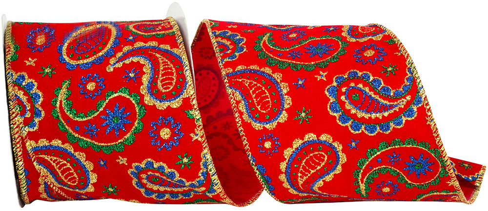 Multi 4 Inch Paisley Velvet Jeweltones Wired Edge Ribbon for Wreaths & Bows