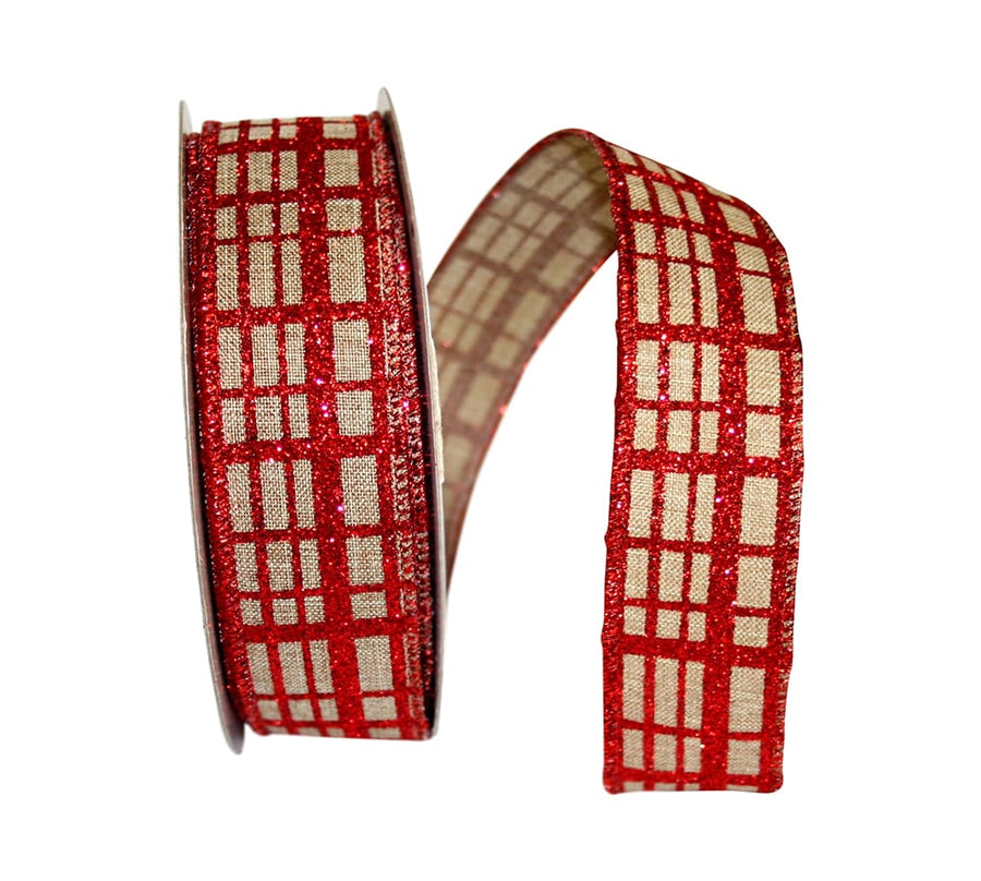 Glitter Check Linen Wired Edge Ribbon Natural Red 1-1/2 Inch