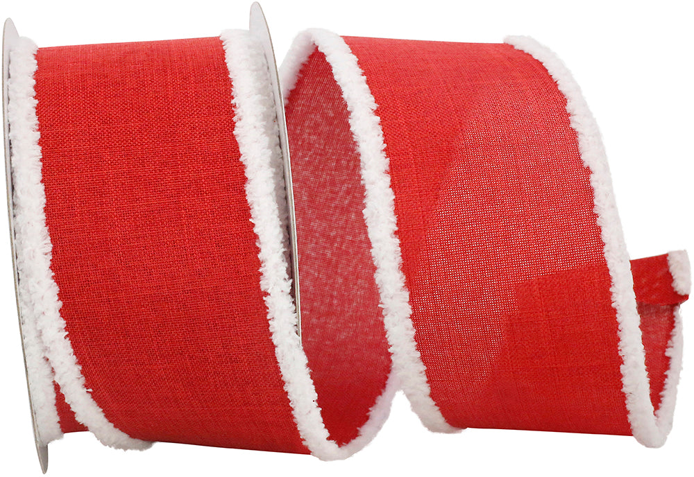 Red White 2-1 2 Inch Snowy Edge Linen Wired Edge Ribbon for Wreaths & Bows
