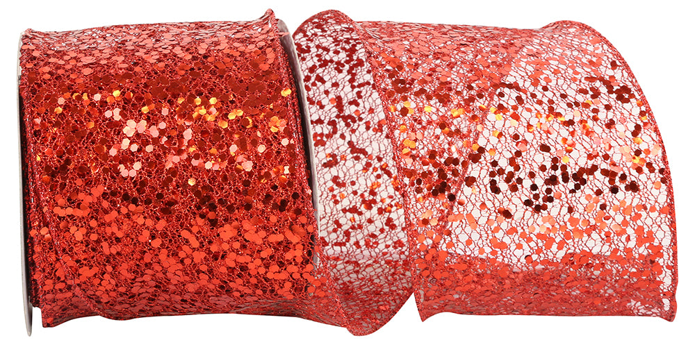 Red 4 Inch Wired Edge Sequin Glitter Ribbon for Bows