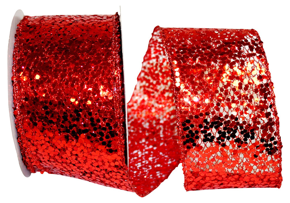 Red Sequin Glitter Wired Edge Ribbon 2-1/2 Inch for Bows