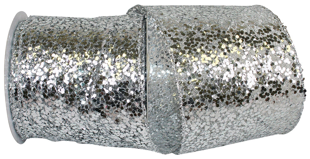 Silver Sequin Glitter Wired Edge Ribbon 4 Inch for Wreaths