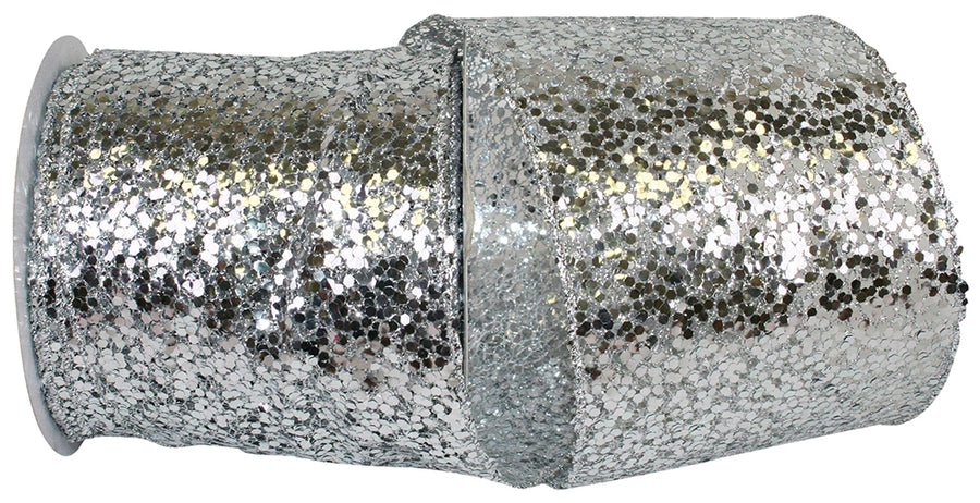 Silver Sequin Glitter Wired Edge Ribbon 4 Inch for Wreaths